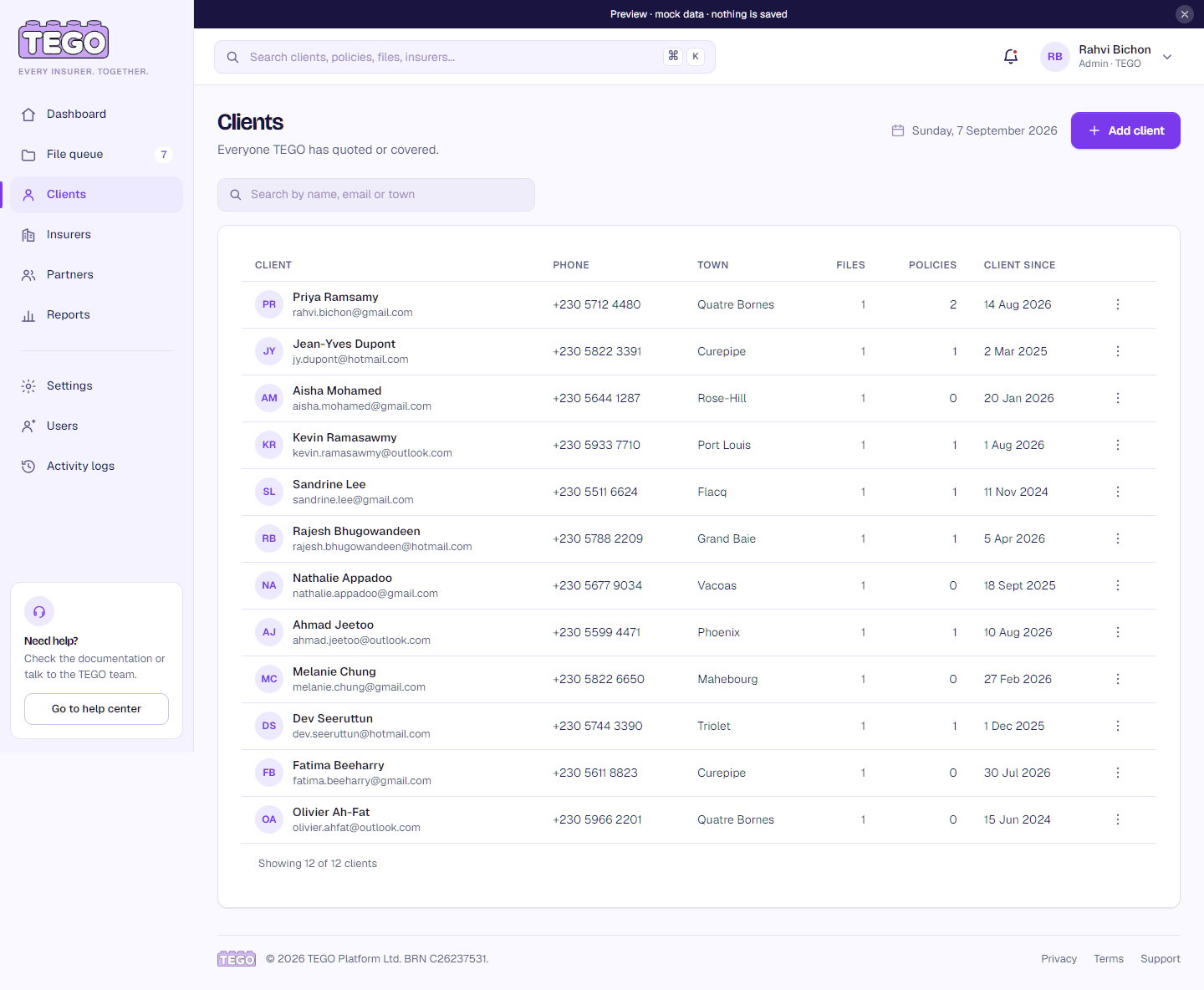 Screenshot: /app/ops/clients?as=admin