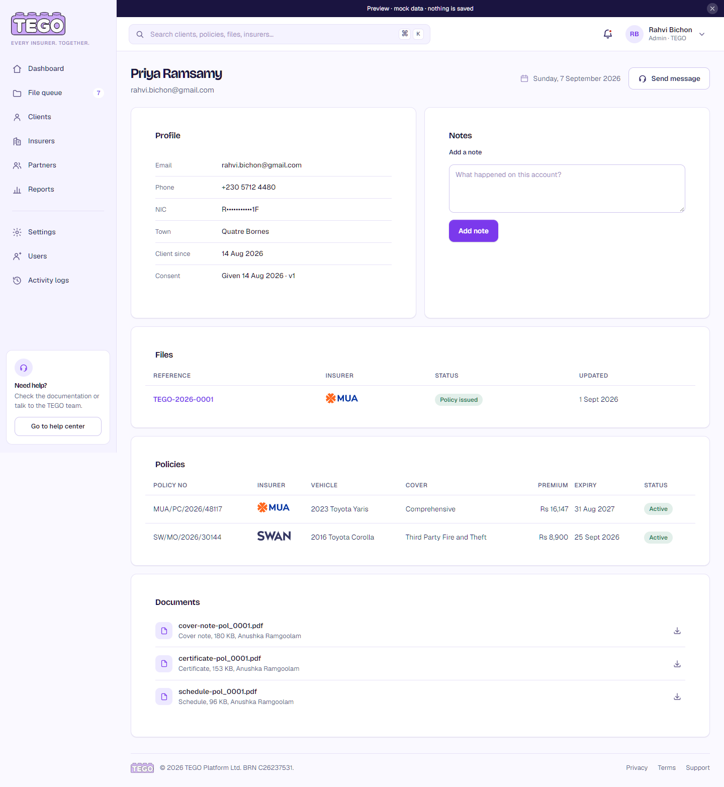 Screenshot: /app/ops/client?id=cli_priya