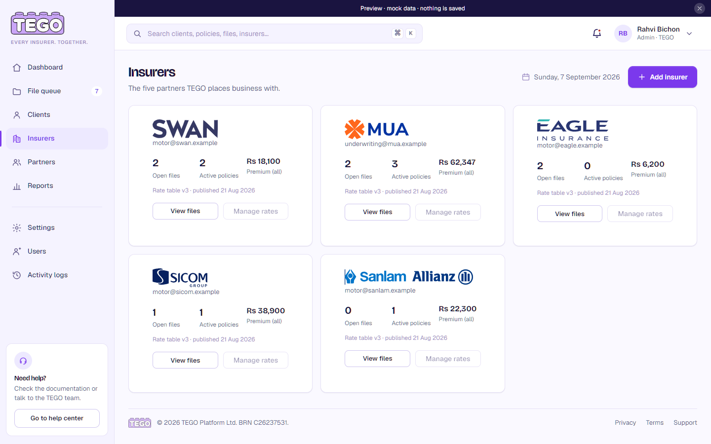 Screenshot: /app/ops/insurers?as=admin