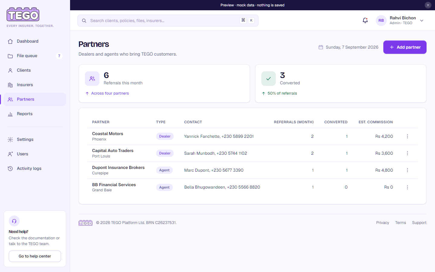 Screenshot: /app/ops/partners?as=admin