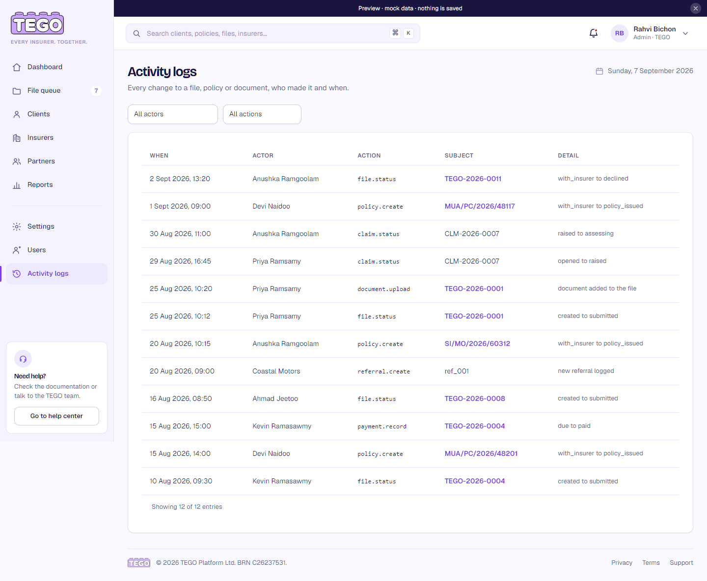 Screenshot: /app/ops/activity?as=admin
