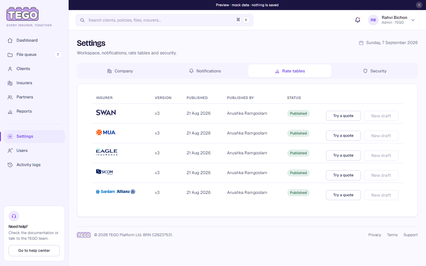Screenshot: /app/ops/settings → Rate tables