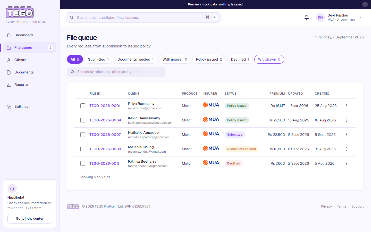 Screenshot: /app/ops/files?as=insurer