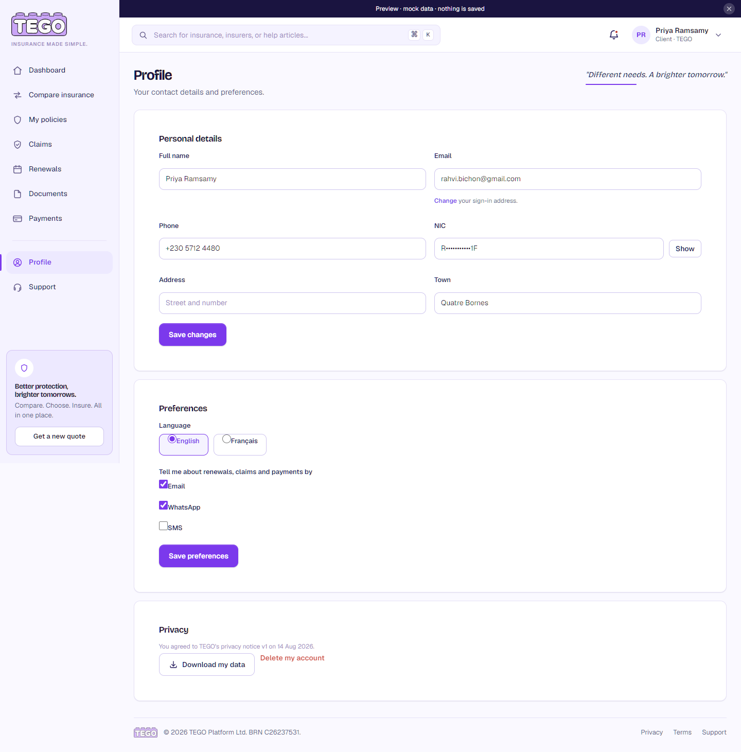 Screenshot: /app/client/profile