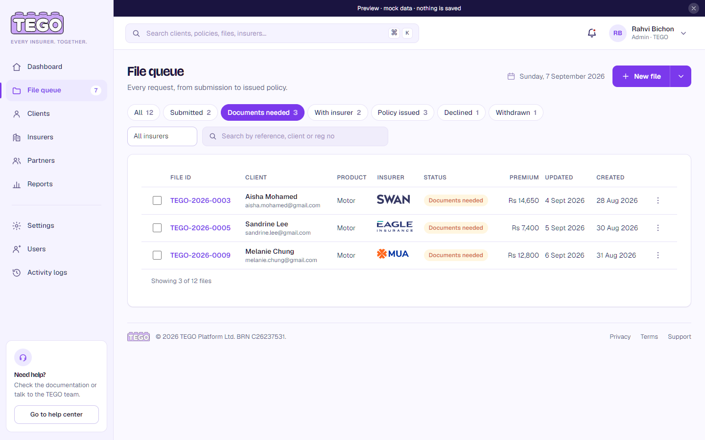 Screenshot: /app/ops/files → Documents needed
