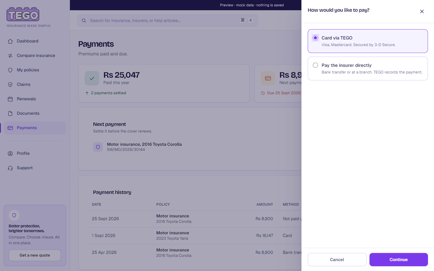 Screenshot: /app/client/payments → Pay now