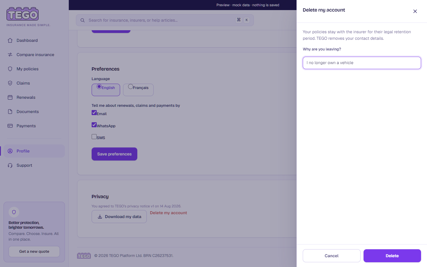 Screenshot: /app/client/profile → Delete my account