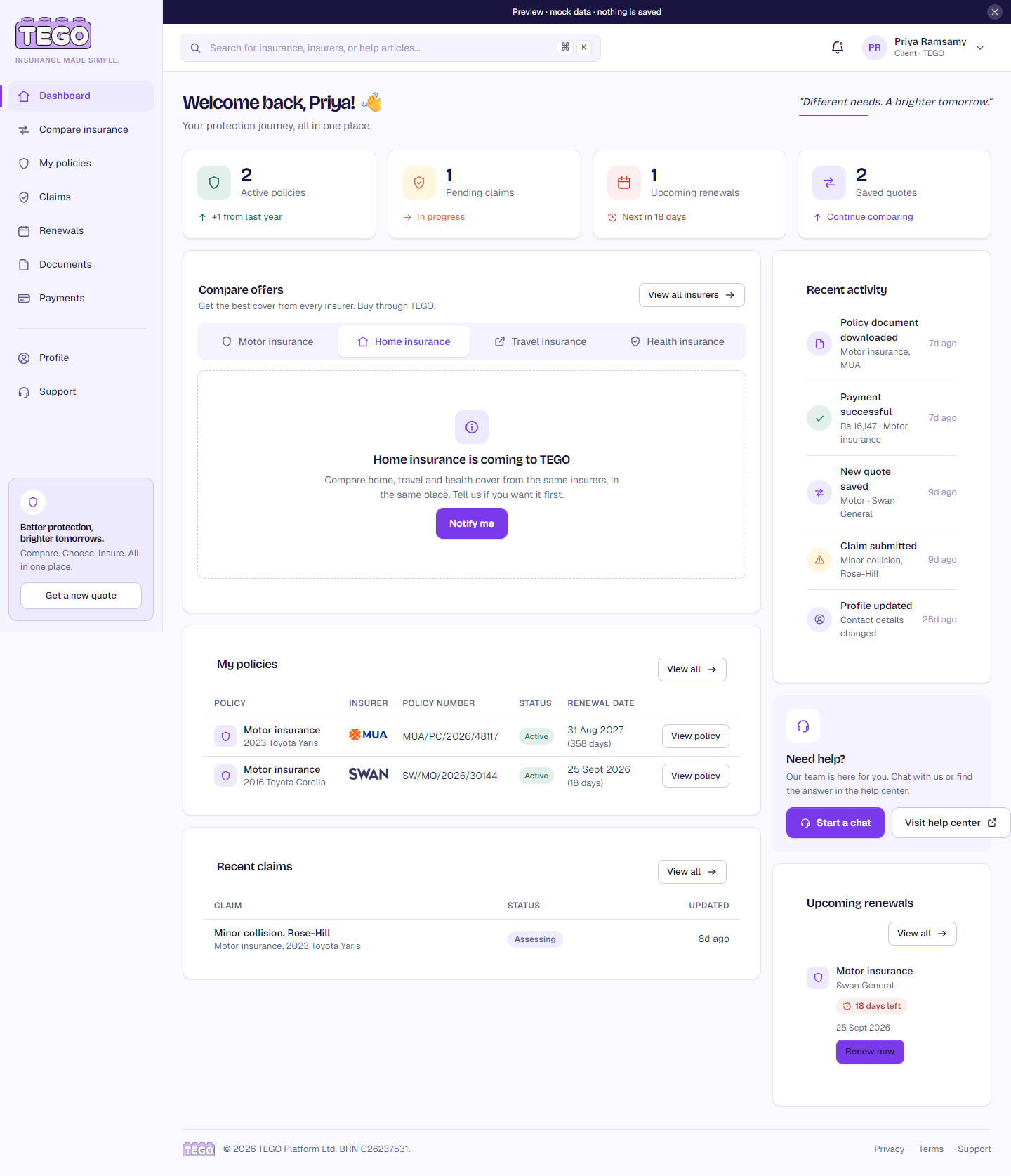 Screenshot: /app/client/dashboard → Home insurance