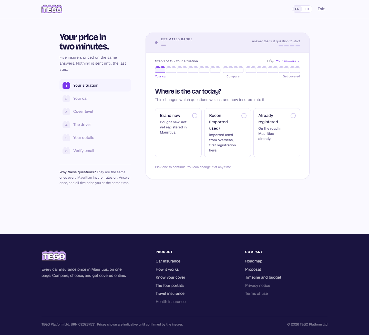 Screenshot: tego.mu/quote · step 1 of 12