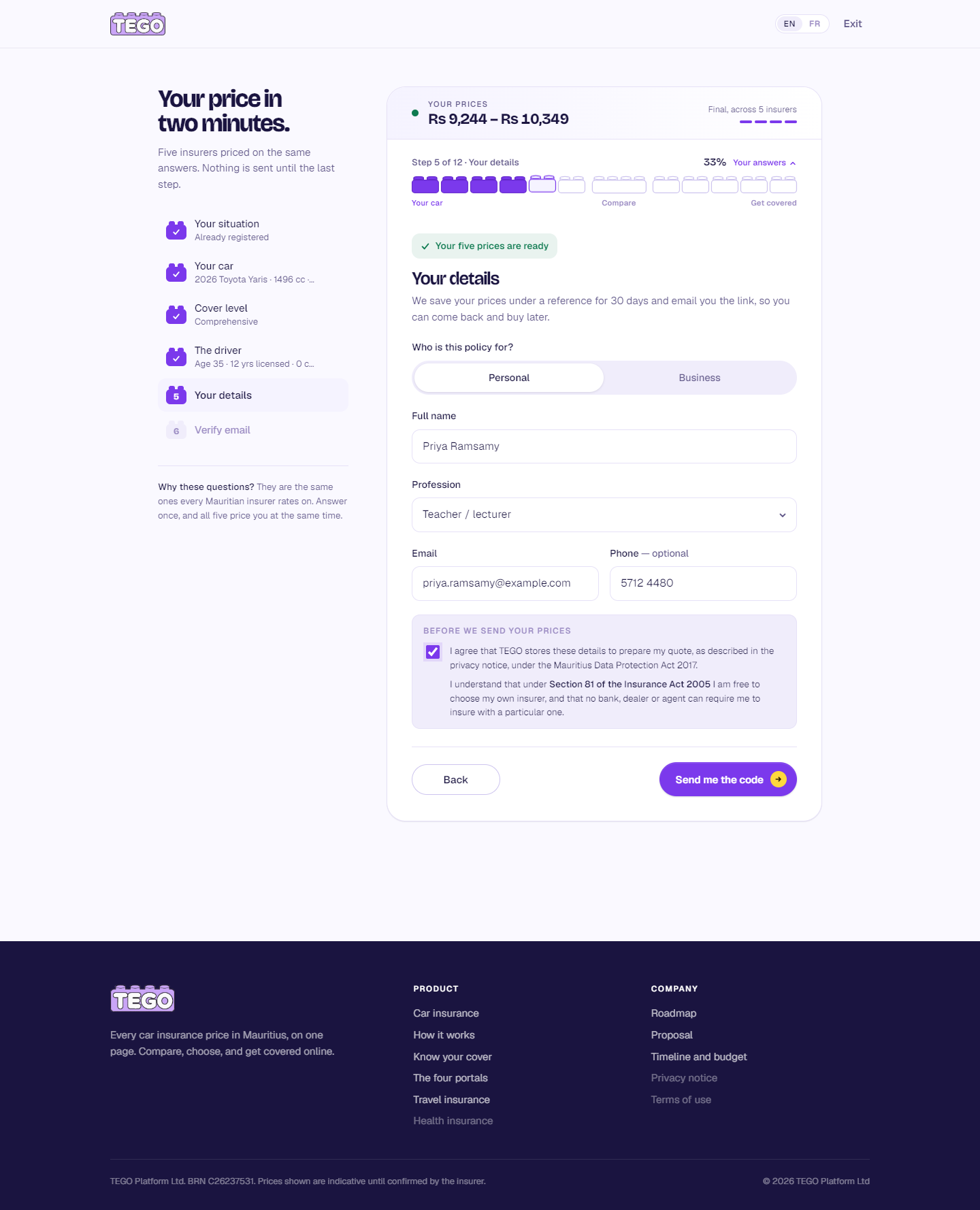 Screenshot: tego.mu/quote · step 5 · your details
