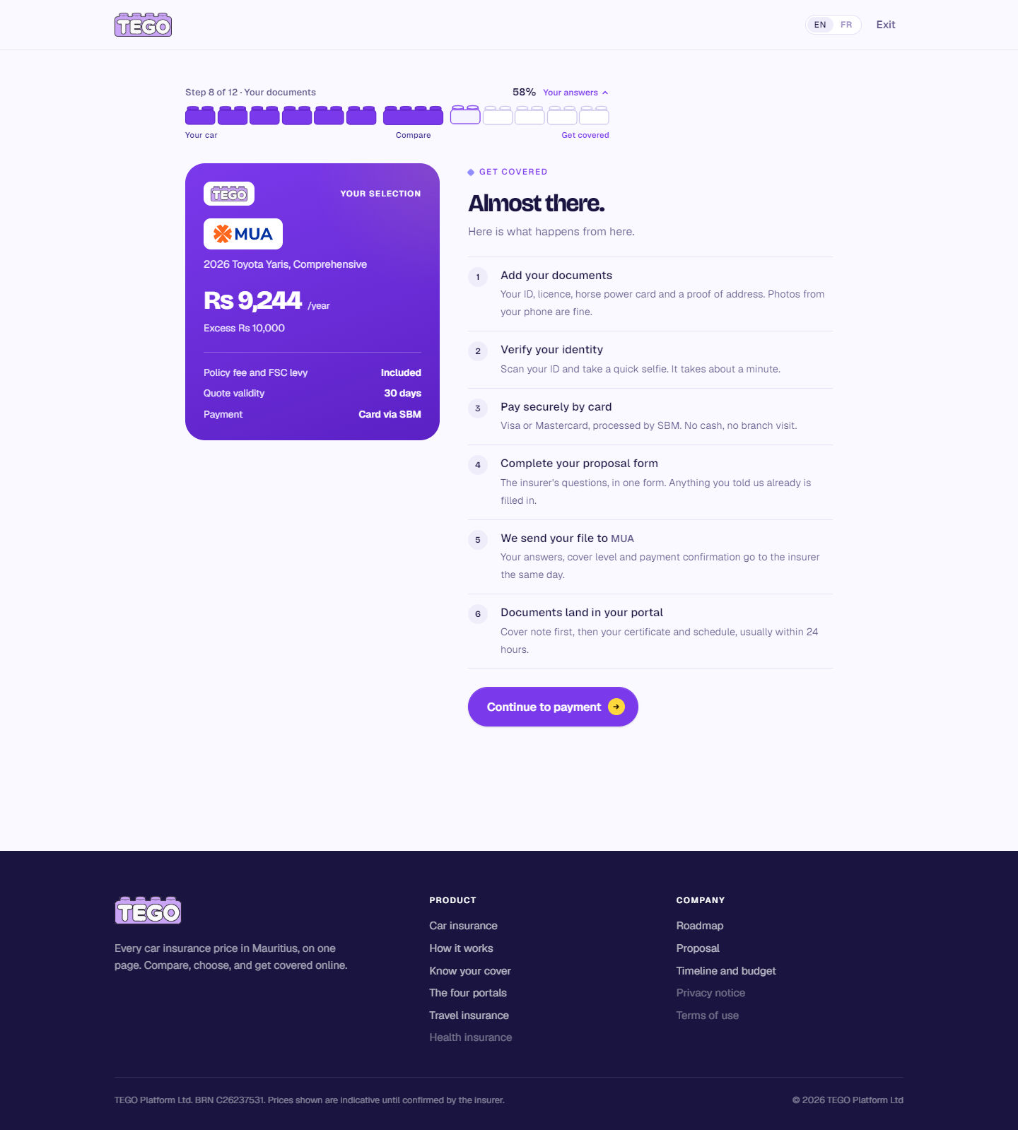 Screenshot: tego.mu/checkout · step 8 of 12