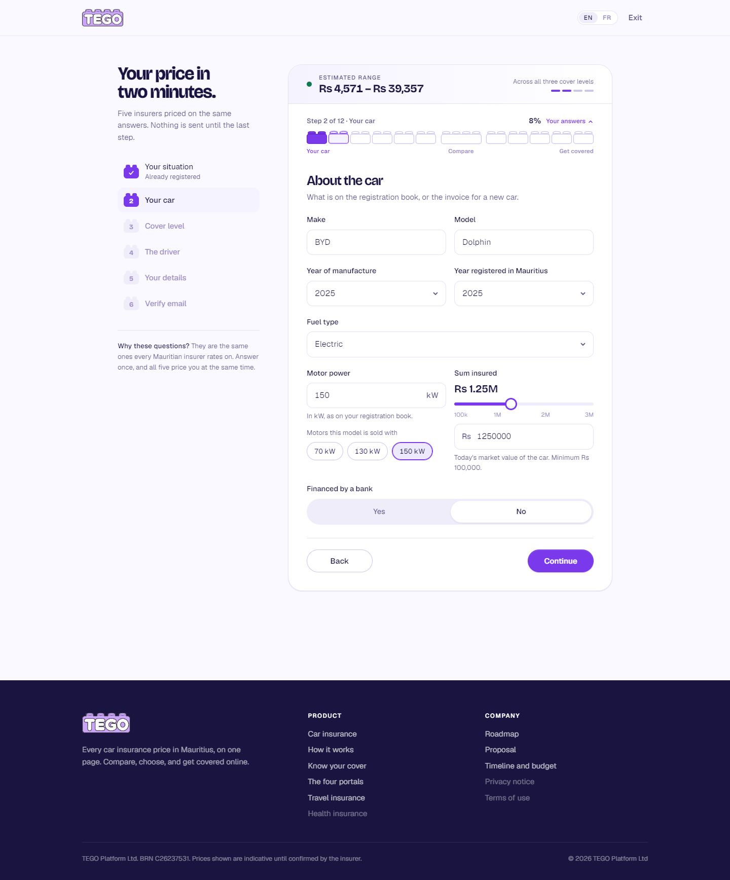 Screenshot: tego.mu/quote · step 2 · an electric car