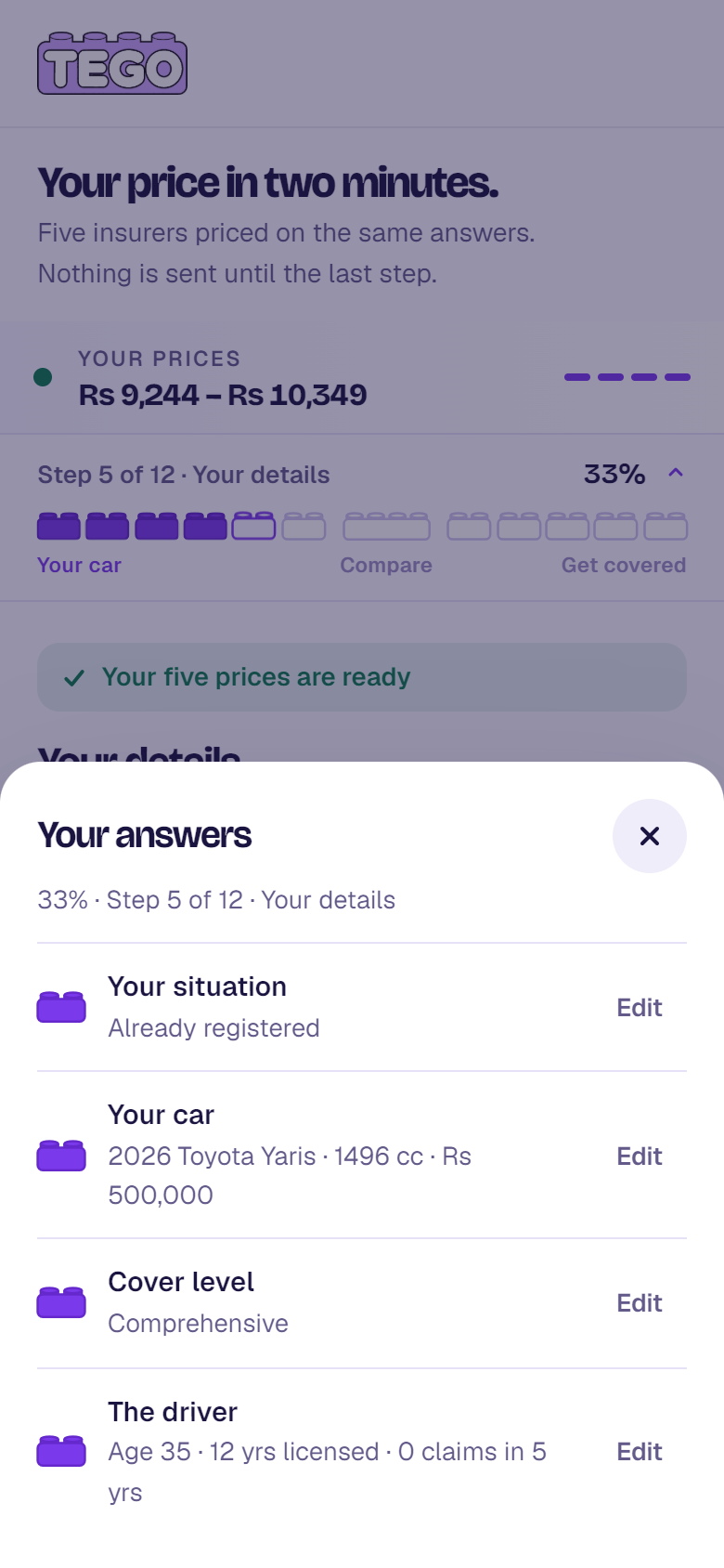 Screenshot: tego.mu/quote on a phone · Your answers