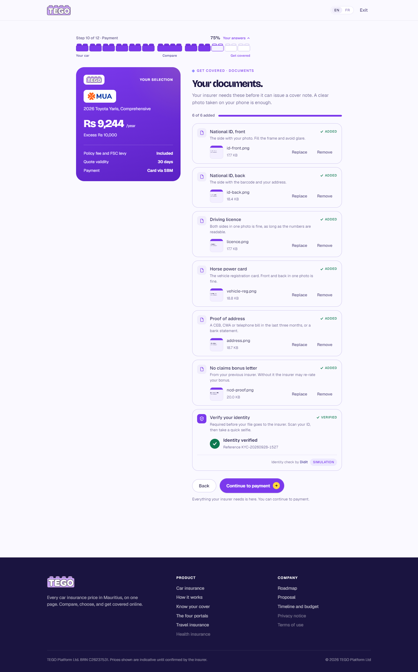 Screenshot: tego.mu/checkout · documents and identity