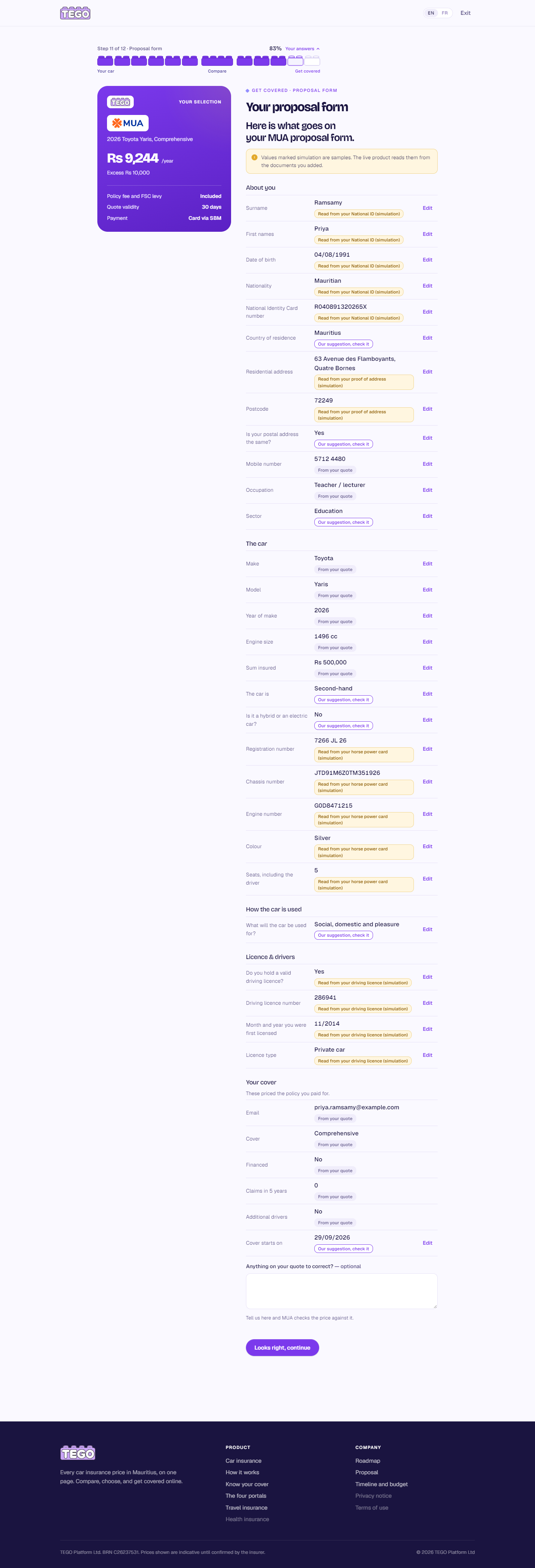 Screenshot: tego.mu/checkout · proposal form