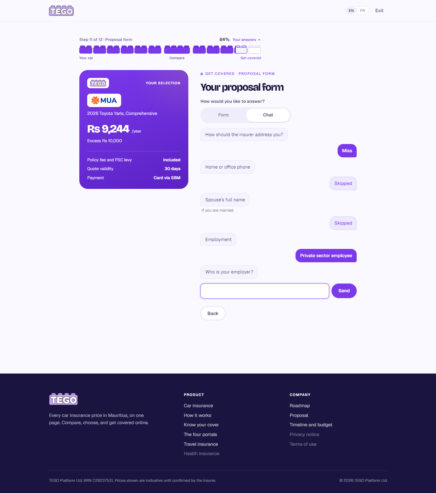 Screenshot: tego.mu/checkout · proposal form · Chat