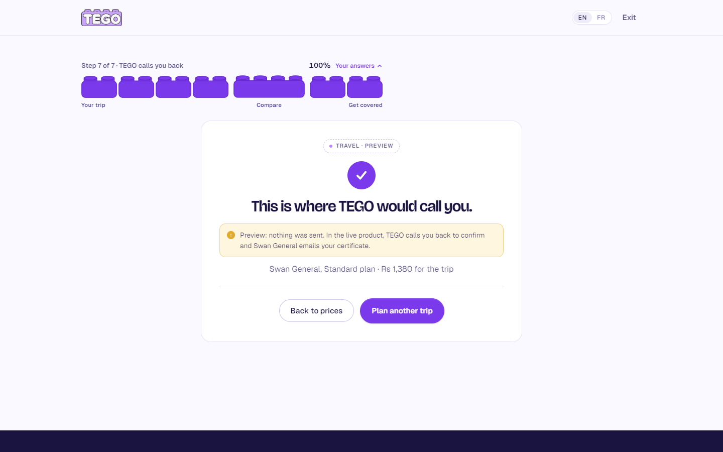 Screenshot: tego.influxe.agency/travel-results → Choose